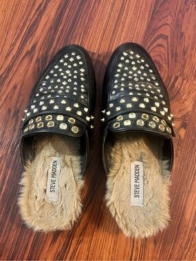 Steve Madden Jordan Black Slip-On Studded Faux-Fur Mules